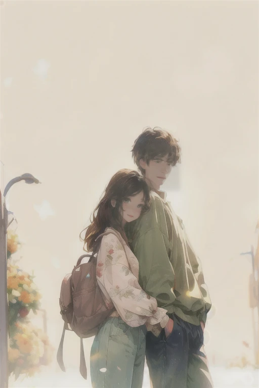 Animated couple standing in a flower field with backpacks on their backs, lovely couple,((best quality)), ((masterpiece)), (detailed), perfect face