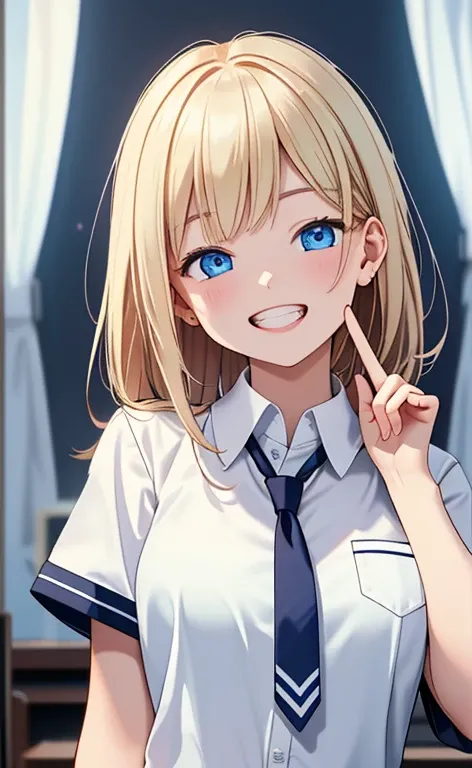 (realistic：1.4、​masterpiece、top-quality、8k size wallpaper、offcial art)、(portrait,upper body:1.6)、(1girl),(grin,Open mouth:1.3),(half closed eyes),cute face,blue eyes、(stretch out your index finger:1.5)、
,(stand),(Shining smile),(round face:1.3),
,(slender)...