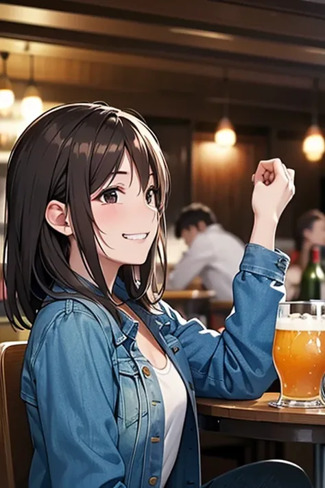 (highest quality:1.2), (masterpiece:1.2),(black eyes and small breasts), (very short messy brown hair),break,(aroused),(grinning eyes),(grin),(anguish),(at the pub table), (having alcohol),(in profile),(Denim Jacket)