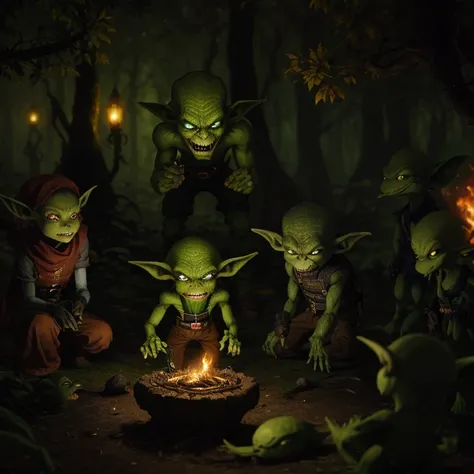 A scene filled with numerous green-skinned goblins engaged in a fierce war, futuristic, oculto, magical atmosphere, detalhes vividos, ardor em seus olhos, realismo pintoresco, luces rebotando en la hojas y el suelo, 8k, ultra-realista.

The enchanting fore...