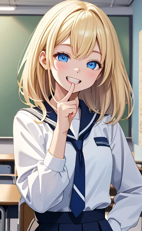 (realistic：1.4、​masterpiece、top-quality、8k size wallpaper、offcial art)、(portrait,upper body:1.6)、(1girl),(grin,Open mouth:1.3),(half closed eyes),cute face,blue eyes、(stretch your index finger in front of your face:1.5)、beautiful fingers：1.3、
,(stand),(Shi...