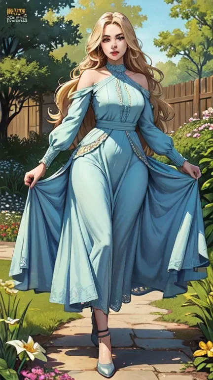 masterpiece,extremely beautiful woman,highly detailed beautiful face,big eyelahes,minimum waist,maxi fence dress, tights,straight blonde hair,excellent sense,American Comics,(((The Perfect One Woman))),(((one person))),colorful,highly detailed body,florish...