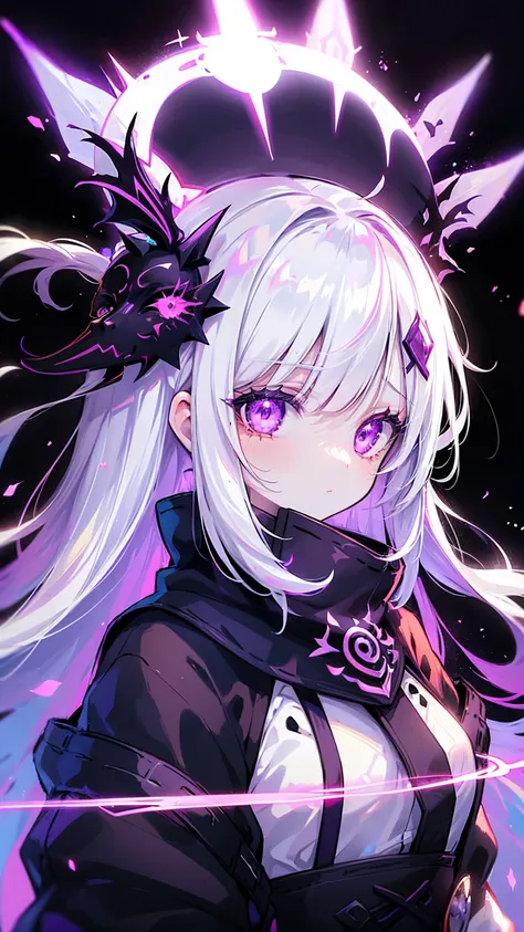 1girl, white hair, multicolored hair, purple eyes, mask on head, sidelighting, light particles, wallpaper,