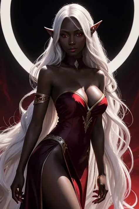 Drow Elf woman, 6 tall. red eyes, medium breasts, jet black skin. Appears 25 years old. Long, wavy white hair. wearing an elegant red evening gown.