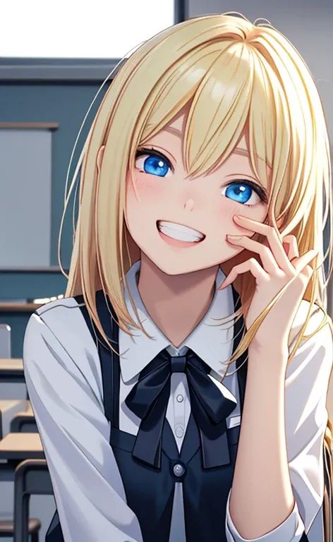 (realistic：1.4、​masterpiece、top-quality、8k size wallpaper、offcial art)、(portrait,upper body:1.6)、(1girl),(grin,Open mouth:1.3),(half closed eyes),cute face,blue eyes、(stretch your index finger in front of your face:1.5)、beautiful fingers：1.3、
,(stand,leani...