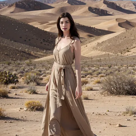 Anne Hathaway in a desert climate dressed in desert clothing