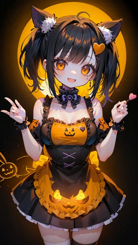 halloween theme, "kawaii, Cute orenge bunny girl in cute smile with teeth and holdinga halloween candy, poser, Adorable girl in orenge, neon orenge black, and baby lime color scheme. She wears halloween-themed clothing. Her outfit is fluffy and soft, With ...