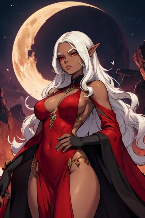 Drow Elf woman, 6 tall. red eyes, medium breasts, jet black skin. Appears 25 years old. Long, wavy white hair. wearing an elegant red evening gown.