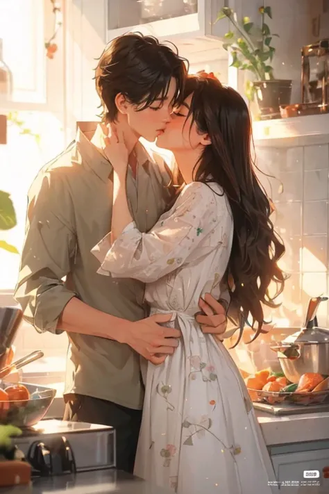 Anime couple kissing in the kitchen, Kiss together cutely, Kiss together, Lovely kiss, lovely couple, High quality fan art, romance novel cover, comic book, couple pose, kiss each other, Country boy and girl&#39;s first kiss,((best quality)), ((masterpiece...