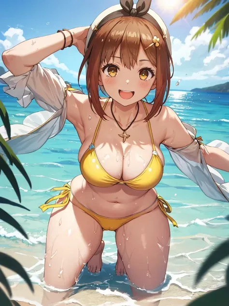 NSFW,1GIRL, (((Ryza:1.2))),((She squats in the water on the beach and splashes water on the viewer:1.6)),((The sun is dazzling)),((Wearing only a yellow fancy bikini:1.3))、{{bare skin arm}}、{{Bare skin legs}},(((masterpiece、highest quality、High resolution)...