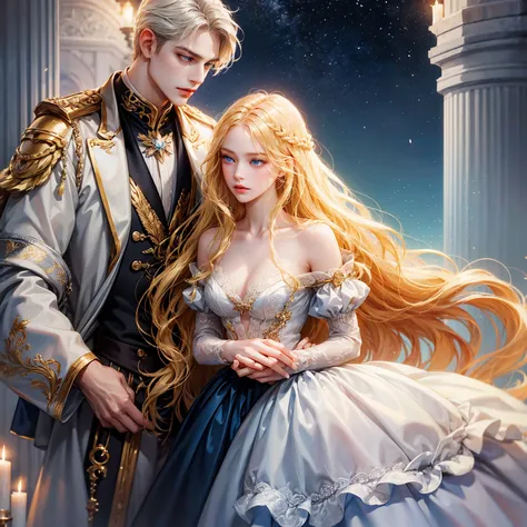 pair, 1 girl 1 boy, long golden blond wavy hair and blue eyes, long straight platinum hair and blue eyes, romance, romantic, Different heights, fantasy, detailed eyes, simple background