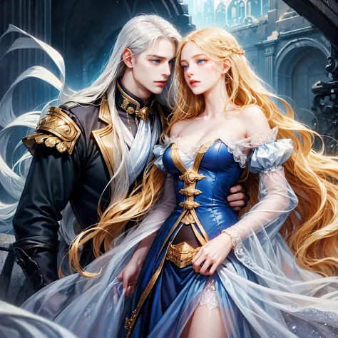 pair, 1 girl 1 boy, long golden blond wavy hair and blue eyes, long straight platinum hair and blue eyes, romance, romantic, Different heights, fantasy, detailed eyes, simple background