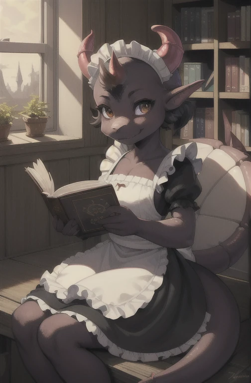 masterpiece, best quality,1girl,furry,reading book,horn,(Kobold:1.2),side of windows,
perfect light,sit,dark skin,animal nose,solo,dragon female,tail,detail fur
adorable,maid dresss, looking at viewer