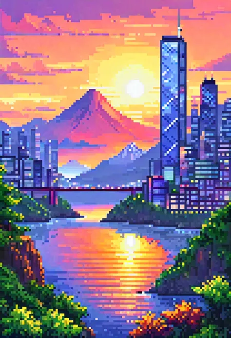 pixel art, (((sunset))), flat color, golden ratio, {masterpiece:1.5}, beautiful sunset cityscape, scottish landscape, office tow...