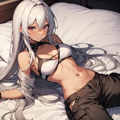 dark tanned skin anime girl, long white hair wearing a bikini top and cargo pants, lying down in bed, hungry, starving, stomach growling, belly rubs, rubbing stomach