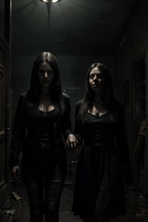 (ultra-detailed,highres)2girls in a movie horror scene,dark atmosphere,gloomy lighting,scary atmosphere,creepy setting,spooky shadows,dramatic composition,hidden faces,terrifying expressions,wild hair,staring eyes,blood splatters,abandoned house,cracked wa...