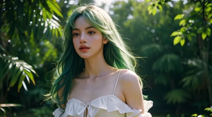 Green theme,green hair blowing in the wind,green flowing dress,beautiful detailed eyes,dreamy expression,soft sunlight,artistic portrait,photorealistic,vivid colors,creative lighting,romantic atmosphere,ethereal beauty,waist-length hair,peaceful and serene...