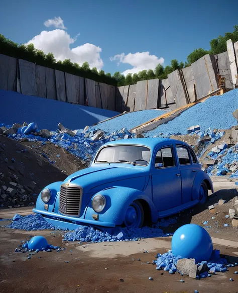 une décharge à ciel ouvert, des monceaux de déchets, une montagne de plastiques, metal carcasses, in a huge stone quarry, un ciel bleu limpide,  photorealistic realism, chef-d&#39;photorealistic work, realism, realism, photorealistic realism, High contrast...