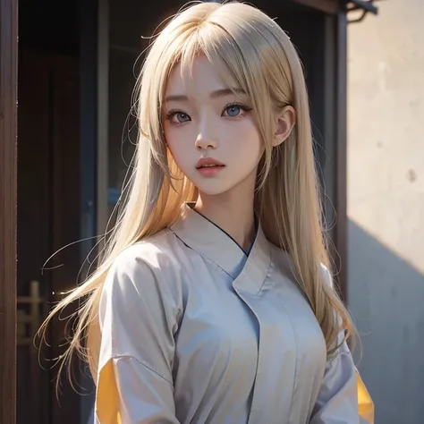 Asian young woman with blond hair and light grey eyes