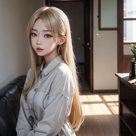 Asian young woman in its 20th with blond hair and light grey eyes.