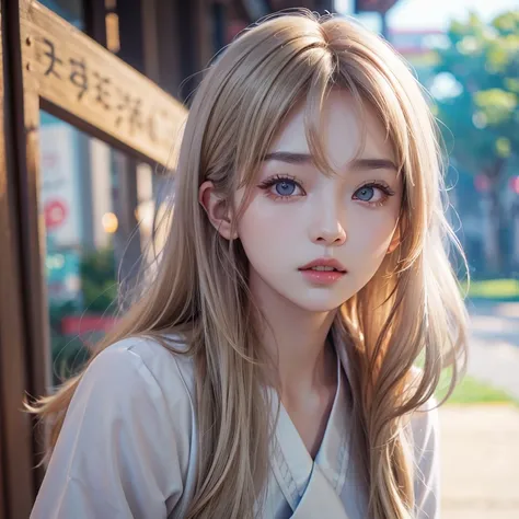 Asian young woman in its 24th with mid blond hair and light grey eyes.