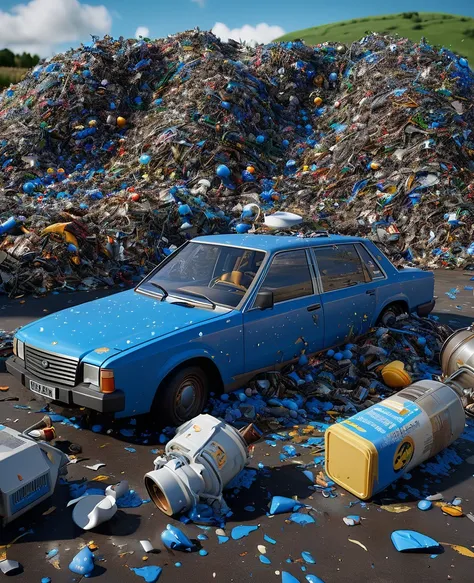 a discharge, organic waste, une montagne de plastiques, metal carcasses, sur une immense  plaine, a recycling center, un ciel bleu limpide, photorealistic realism, chef-d&#39;photorealistic work, realism, realism, photorealistic realism, High contrast, pho...