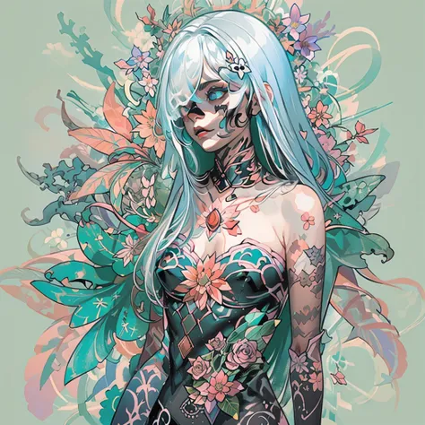 ((create maxzenart!))_((one, 1 girl, tattoos, glowing tattoos, brilliant, white-fluffy 16+), (skull, flowers), (black transparen...