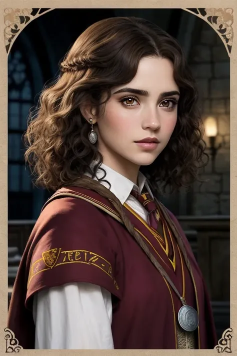 Mujer de tez clara,cara redondeada, rasgos latinos, ojos marrones, cabello largo, curly brown hair, uniforme de Hogwarts, gryffindor, retrato, Fantasyart, lunar en la mejilla, cicatriz en el rostro, sosteniendo una daga