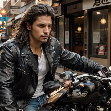 路上でバイクに座っているgood lookingな男がいる, cyrus, picture of a male biker, of art, Wavy, shoulder-length black hair, Written by Aric Brauer, Photorealistic digital painting, Highly realistic digital art, good looking, Amazing Realistic, realistic art, biker, Hyperreal...