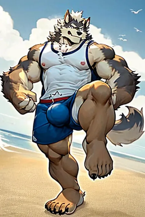 (best quality)，Werewolf Boy，Brown and white fur，On the beach，Simplify the background，individual，front，whole body，Kicking，upper body naked，Wear white shorts，Bad smile，(barefoot:1.3)，Strong and big feet，(5 toes:1.3)，crotch bulge