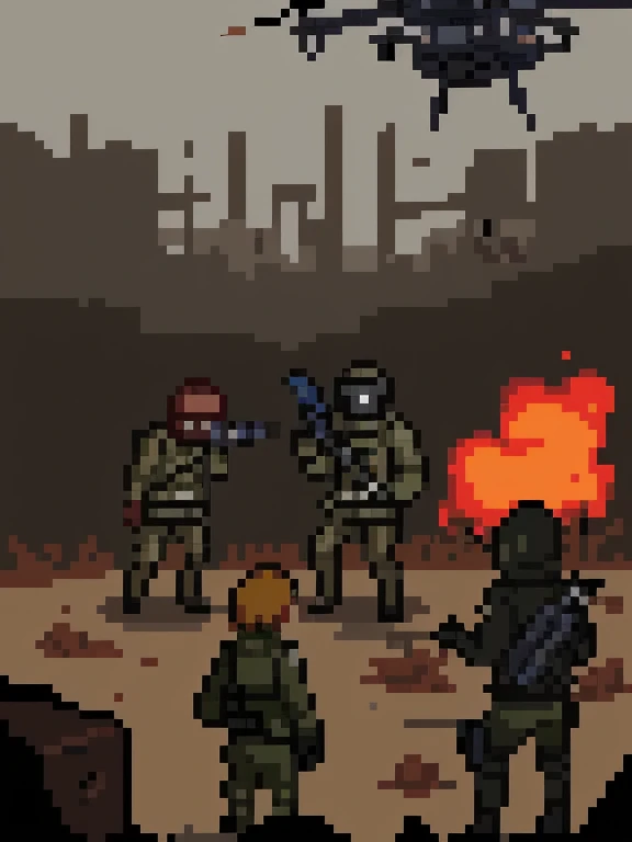 show two young people behind some large object hiding scared, behind containing an apocalyptic war scenario with fire and drones in the style, de jogo de videogame 