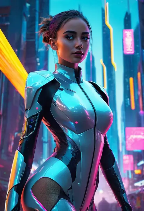 Personaje:chica que lleva un atuendo futurista y elegante. Su ropa parece estar hecha de materiales avanzados y se ajusta perfectamente a su figura.Entorno: The character is in a science fiction setting. The background shows a combination of advanced techn...