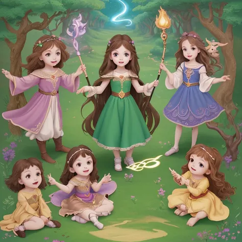 The guardian of the enchanted land, and her friends, various poses and expressions on an enchanted land background, childrens book illustration style, simple, cute, 6 years old, colors, brown hair, plain color, with colorful dress, with magic wand