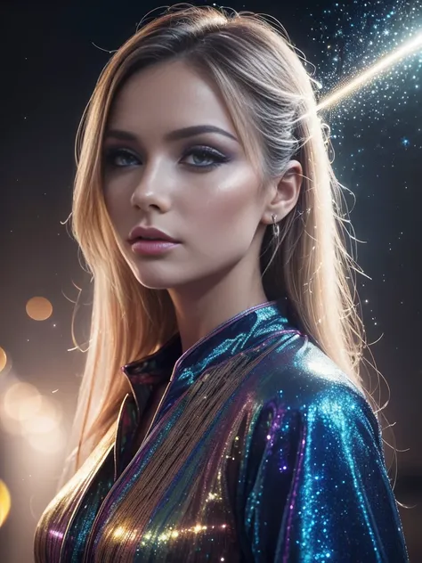 Makeup artists do makeup for celebritieasterpiece:1.2), Best Quality, Masterpiece, hight resolution, Original, extremely detailed wallpaper, perfect  lighting,(extremely detailed CGI:1.2), Lightning Girl, Fitted jumpsuit in rainbow colors, Mystical Picture...