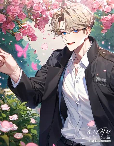 absurdres, highres, ultra detailed, HDR, master piece, best quality, Lim Haegyung, ash-blond messy short hair, expressive blue eyes, Love Jinx, 1man, handsome, black coat, white shirt, petals, garden, pink butterflies