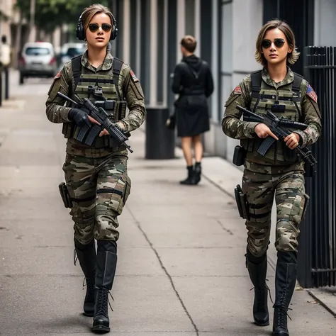 beautiful young woman, short tousled hairstyle, dark blonde, dark sunglasses, torn camouflage special forces uniform, black high boots, Stained face, headphones 🎧