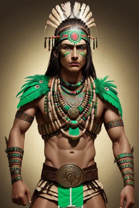 Aztec mummy realistic appearance male muscles bandages sepia ancient scarab medallion heart jade aztec costume neon green eyes belt with aztec symbols ocidian dagger in hands green feather headdress