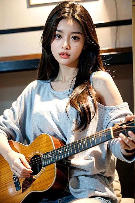 Young woman, with guitar, ombré brown hair, brown eyes 