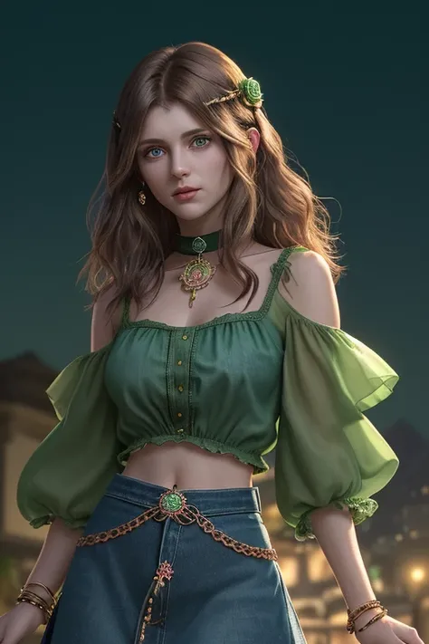 30-year-old woman short layered brown wavy hair green eyes green blouse with arcane medallions blue denim skirt choker with rose quartz golden bracelets flower-shaped hair clip looking straight at the viewer on a potion-tinted background at night 