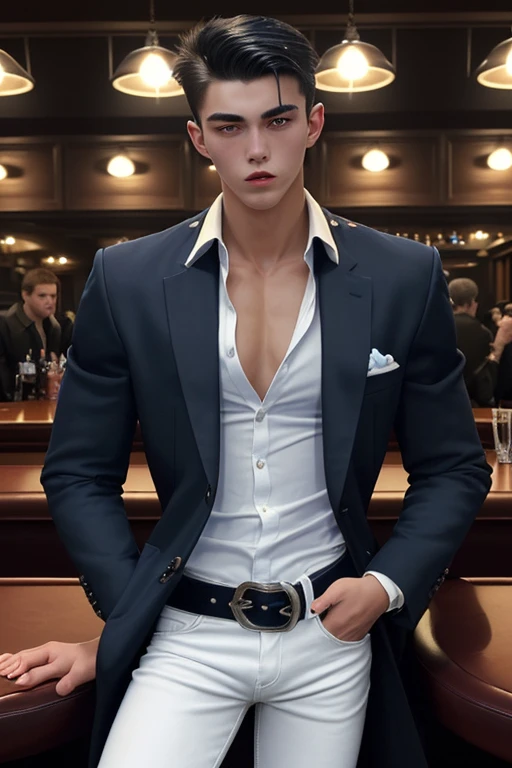 20-year-old boy of French appearance, muscular build, slim, dark blue coat, white shirt, black jeans, looking straight at the viewer in the background of a bar, holding a poker deck, black belt with a vampire-shaped buckle 