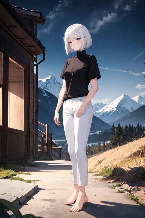 1girl, white hair, bob cut, black shirt, turtleneck, short sleeve, white pants, bare feet, standing, outdoors, night, night sky, mountains, masterpiece, best quality, ultra-detailed, illustration, 8K, highres