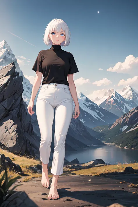 1girl, white hair, bob cut, black shirt, turtleneck, short sleeve, white pants, bare feet, standing, outdoors, night, night sky, mountains, masterpiece, best quality, ultra-detailed, illustration, 8K, highres