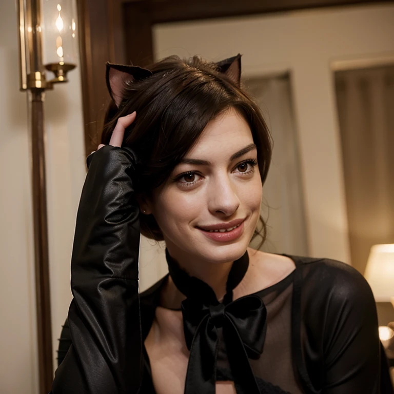 Anne Hathaway dressed as a catwoman smiling
