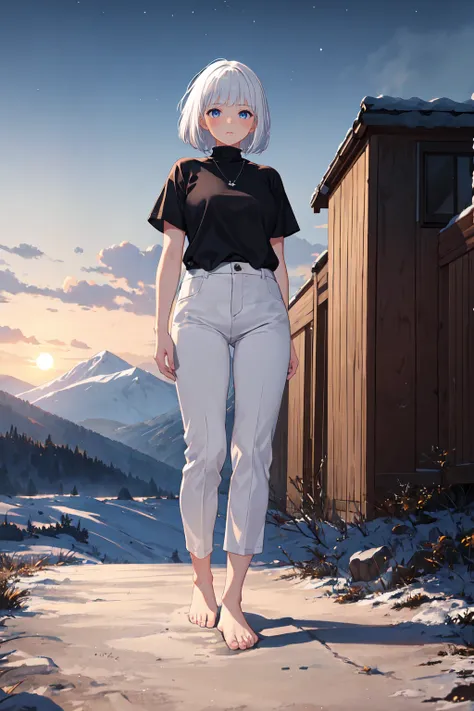 1girl, white hair, bob cut, black shirt, turtleneck, short sleeve, white pants, bare feet, standing, outdoors, night, night sky, mountains, masterpiece, best quality, ultra-detailed, illustration, 8K, highres