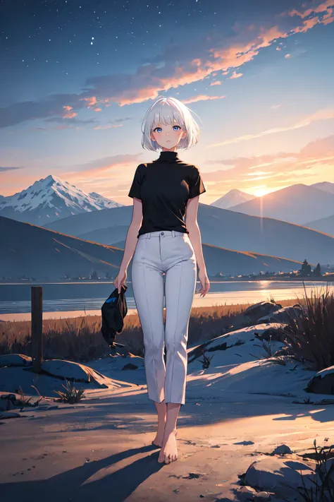 1girl, white hair, bob cut, black shirt, turtleneck, short sleeve, white pants, bare feet, standing, outdoors, night, night sky, mountains, masterpiece, best quality, ultra-detailed, illustration, 8K, highres