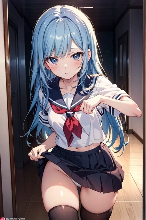 (masterpiece, Highly detailed 8k CG, sharp lines), high school girl, blue hair, cute, serafuku, white underwear and skirt, skirt lift, Sexy pose showing panties, thighs, anime style , beautiful anime , seductive anime girl, Smooth anime CG art, beautiful a...