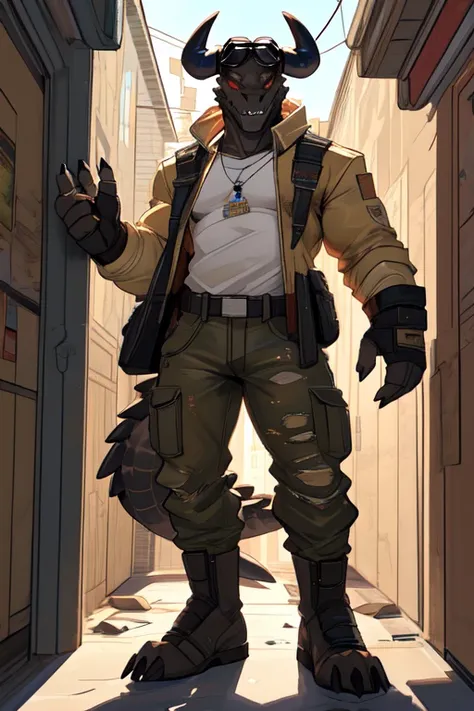 Tall_lanky_muscular_deathclaw male dark_beige_scaled_body spotted_scales yellow_eyes solo Masterpiece best_quality absurdres highly_detailed cleanly_drawn_eyes anthro_only by_claweddrip, by_greasymojo, by_underscore-b, by_runawaystride ripped_cargo_pants r...