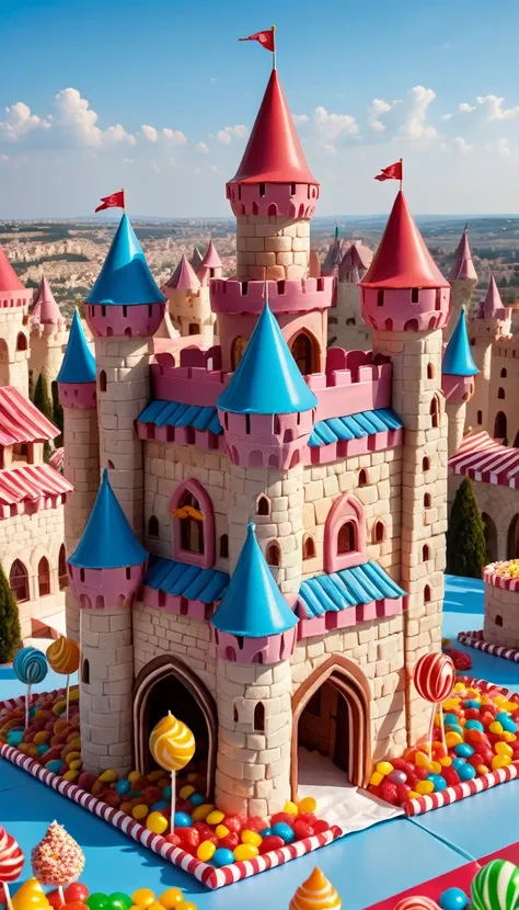 candy made in the shape of ottoman castle with arches and flags waving from the rooftops, candyland