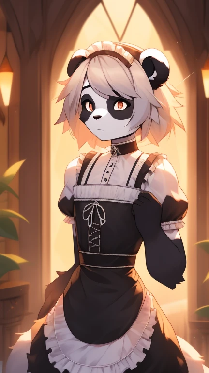 Best quality, Super detailed illustration, warm colors, perfect lighting, perfect detail, ( boy Fluffy panda:1.4) , feminine face and body, disheveled thick hair, maid clothes, confused look, femboy, small waist, wide hips, slim, perfect body, DND style