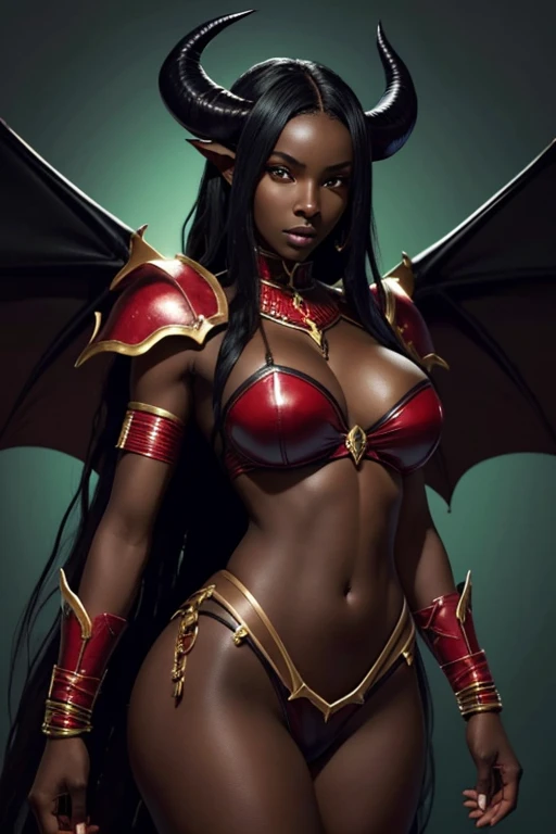 African Woman, black skin. Species: Succubus. Huge bat wings on her back. ram horns on her head. Green eyes. Huge breasts. Slender, lightly muscled. 65" tall. Appears 25 years old. Long, wavy black hair. Red Leather Armor.